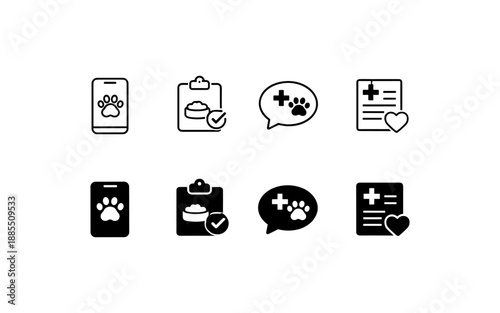 Veterinary care icons: digital health, nutrition, communication, and records