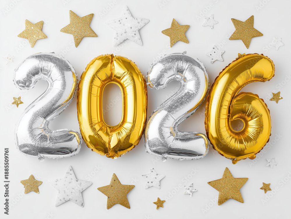 Fototapeta premium Golden and silver balloons displaying year 2026 surrounded by festive stars