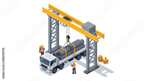 Isometric illustration of workers loading a large pipe onto a truck with a crane in an industrial setting.