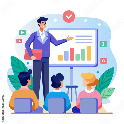 Corporate trainer presents data to audience during a business meeting