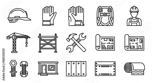 Construction Industry Icons Safety Gear, Equipment, Tools, Blueprint, Building Materials, and Crane