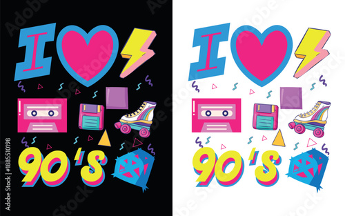 I Love 90s Nostalgic Pop Culture Illustration with Roller Skate Floppy Disk and Cassette