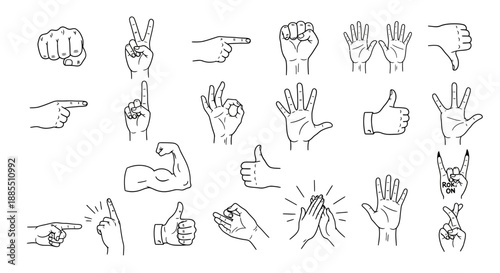 Variety of expressive hand gestures, depicting human communication, emotional responses, and non-verbal body language in a clean line art illustration style