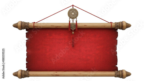 Ancient red scroll with wooden rollers and decorative tassels hangs from a string.