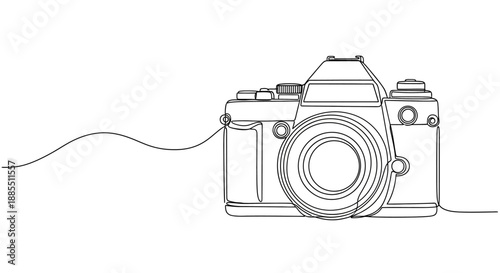 Continuous line art drawing of a classic analog camera, symbolizing photography's timeless appeal and creative vision. A minimalist vector graphic asset