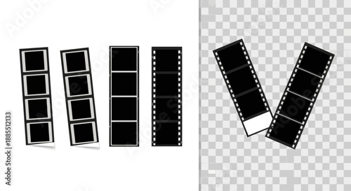 Collection of blank film strips and empty photo frames, versatile vector illustrations for vintage photography projects, retro media designs, and classic picture templates