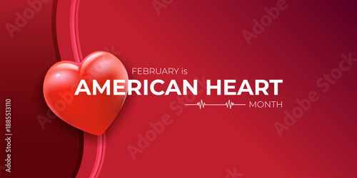 February American Heart Month awareness banner with glossy 3D heart, creative red wavy ribbon background for medical healthcare promotion vector. Heart month with 3d heart