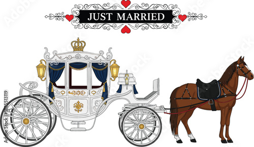 Elegant white royal wedding carriage with horse and hearts for just married celebration invitations fairy tale Cinderella theme and romantic marriage anniversary event flat vector illustration.