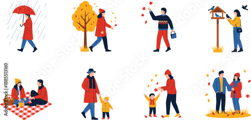 Flat vector set of people enjoying autumn activities including walking in rain with umbrella picnic in park and playing with falling leaves.