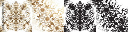 Vector floral pattern and elegant golden line silhouettes on white background.