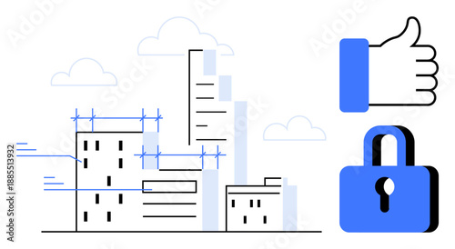 Security concept. Security ed by a lock icon, urban development with buildings, and safety approval thumb icon. Security in urban planning, construction, and digital safety. For architecture, safety