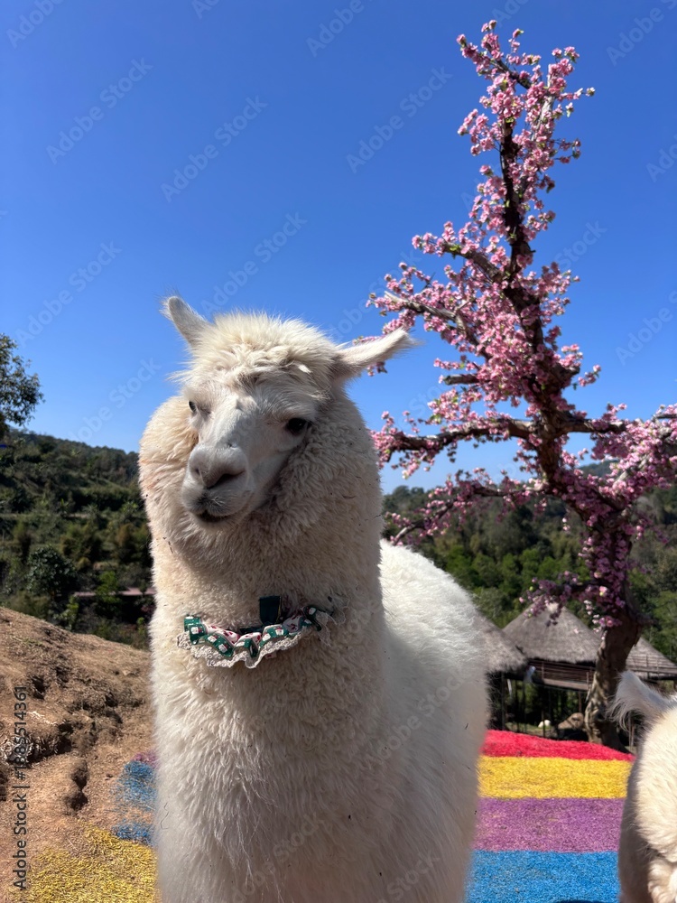Fototapeta premium A fluffy alpaca standing on a farm in Chiang Mai, Thailand