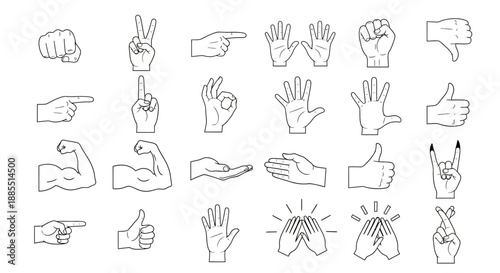 Comprehensive Set of Line Art Hand Gestures and Symbols for Communication, Interaction, and Expressing Diverse Human Emotions and Actions, Ideal for UI/UX Design Elements