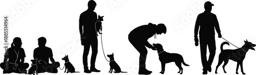 Dog owner silhouette set showing people walking training sitting and caring for pets isolated on white background for lifestyle companionship animal care concepts