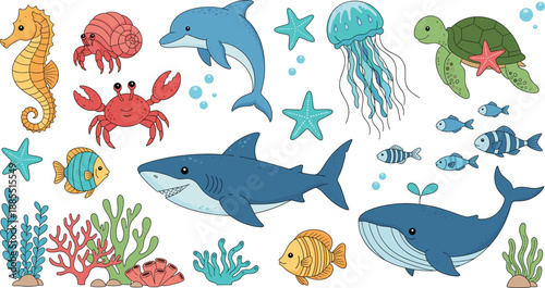 Nautical sea life vector illustration set with shark whale octopus dolphin turtle seahorse and coral reef on white background