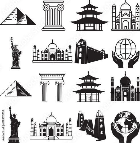 Silhouette landmarks and monuments. Pyramids, Taj Mahal, Statue of Liberty, Eiffel Tower, and more. Vector illustration isolated on white background