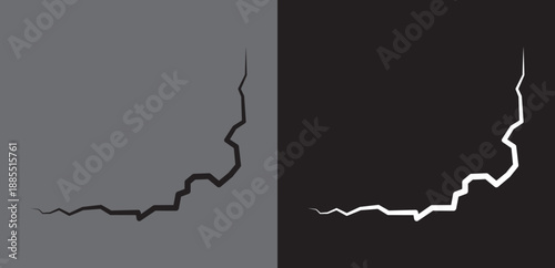 
Surface crack and fissure in ground, concrete, crevices from disaster top view. Ground crack texture icon isolated on white and black background
