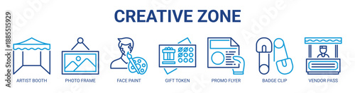 Creative Zone web banner icon vector illustration concept with icon of artist booth, photo frame, face paint, gift token, promo flyer, badge clip, vendor pass.