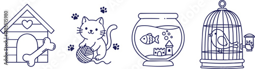 Charming linear pet icons set including dog house, cat, fishbowl, and birdcage.
