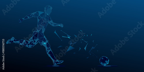 Futuristic soccer player in motion depicted with a polygonal blue design