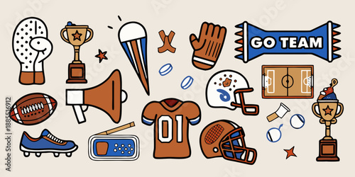 A colorful illustration showcasing various sports equipment and team spirit elements