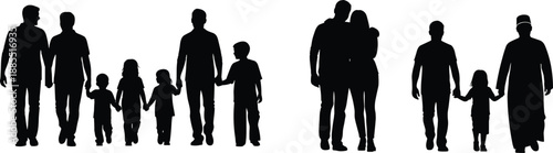Family silhouettes of parents and children walking together representing love unity relationships parenthood childhood lifestyle generations community concept isolated on white background