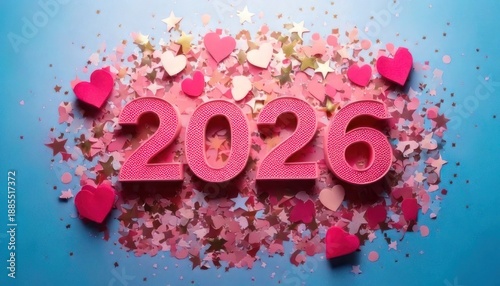 Festive 2026 New Years Celebration with Hearts and Confetti.