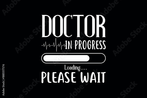 Doctor in progress please wait - Digital illustration of a friendly doctor holding a stethoscope with a thought bubble saying wait with a clock icon