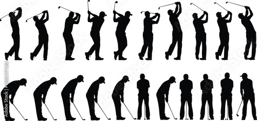 Golf swing and putting sequence silhouettes showing professional golfer motion progression isolated on white background for sports training, coaching, and instructional design