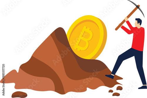 The future of bitcoin, hard work on the path to financial independence, ways to achieve wealth, growth and popularity of the cryptocurrency market, a man with a pickaxe extracts bitcoin from a rock.

