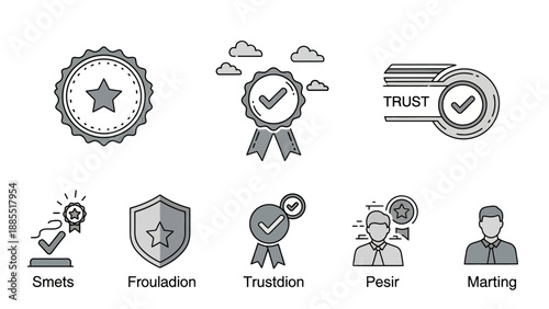 Collection of Black and White Icons Representing Trust and Quality.