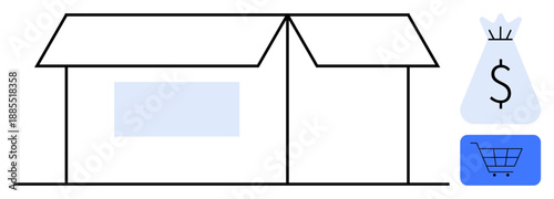 Open cardboard box with shopping cart and dollar sign money bag. Ideal for e-commerce, retail, online shopping, logistics, delivery services, financial transactions, business operations