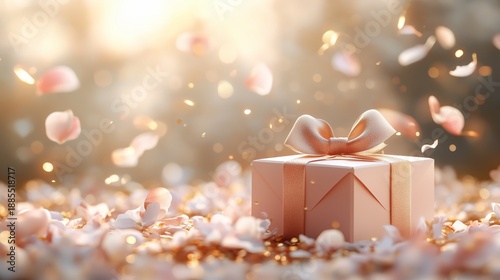 Luxury floral composition with ribboned gift and sparkling bokeh, ideal for premium March 8 invitations and banners.