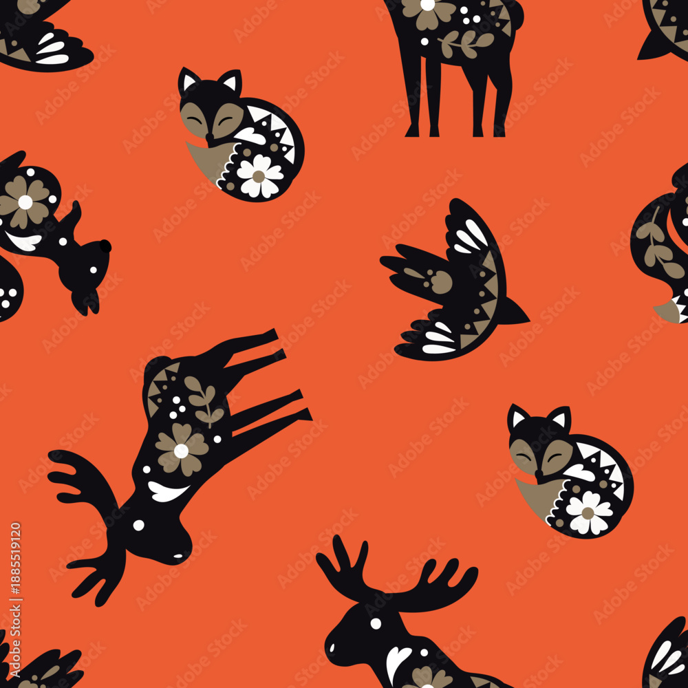 Fototapeta premium Scandinavian Animals Seamless Pattern. Moose, fox, squirrel, bird. Design for fabric, textile, wallpaper, packaging 