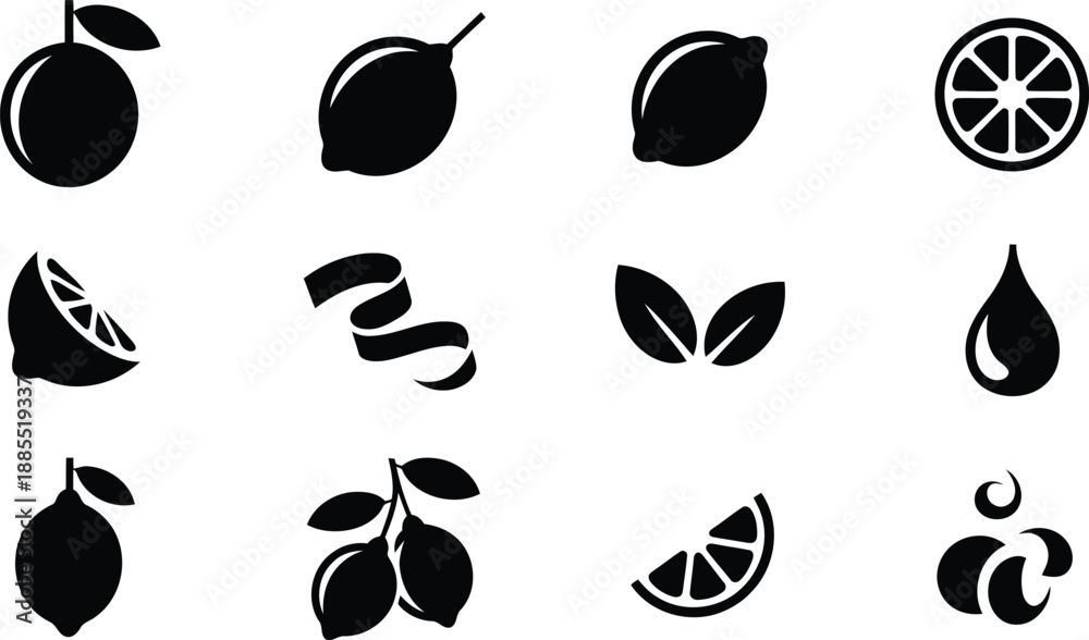 Fototapeta premium A collection of various black lemon and lime fruit silhouettes with slices and leaves on white