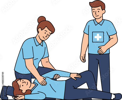 Medical professionals providing first aid to an injured person on a stretcher
