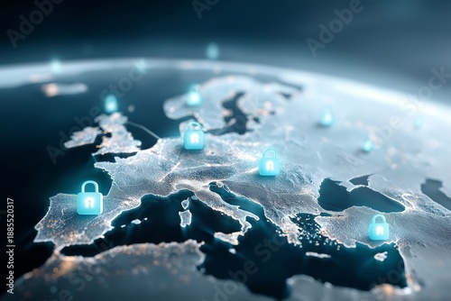 Digital map of Europe with glowing security locks symbolizing cybersecurity data protection digital sovereignty and the growing importance of privacy across European networks