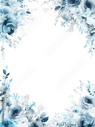 Watercolor dusty blue floral frame on white background with hand painted flowers for wedding invitation, greeting card.