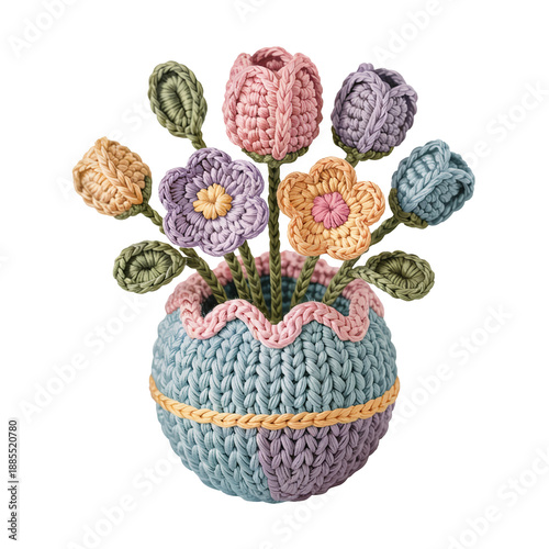 A colorful crochet flower bouquet is arranged in a woven vase, showcasing intricate patterns and delicate workmanship