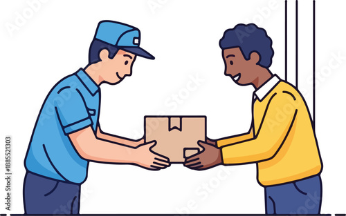 Delivery person handing over a package to a customer in a friendly exchange