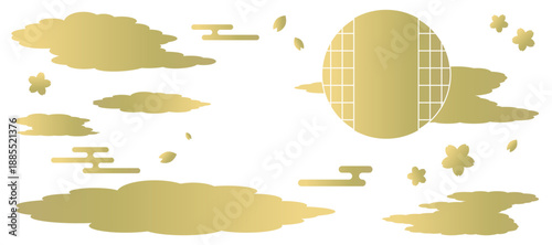 雲取りと桜と円窓の背景イラスト　和風　波紋　吉祥文様