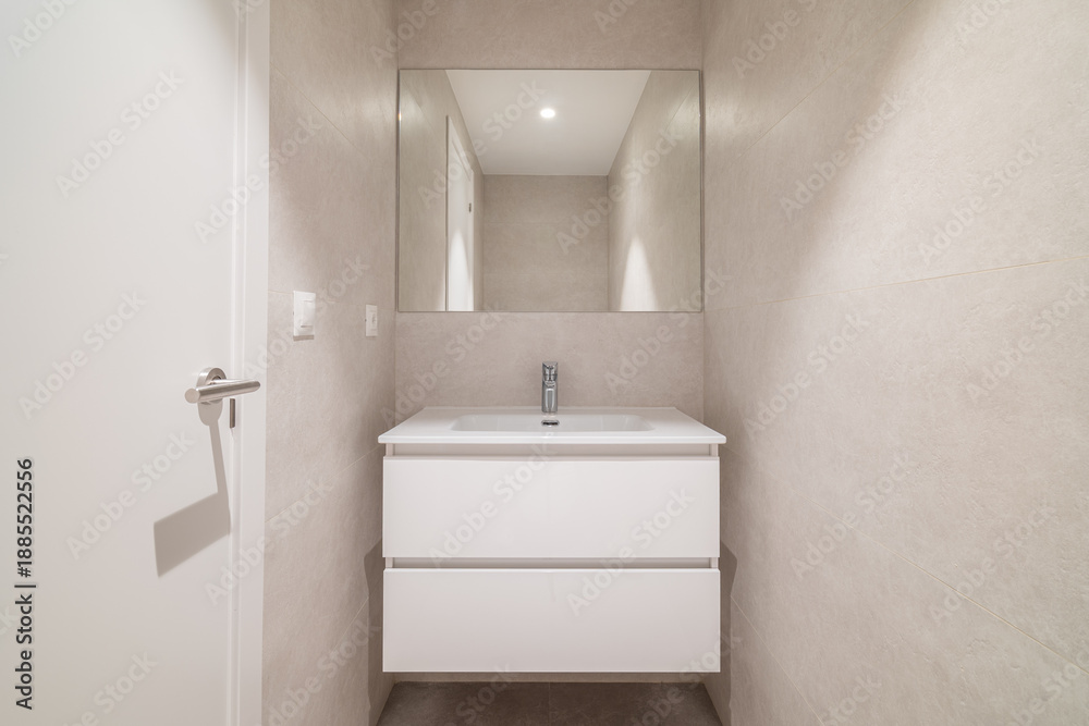 custom made wallpaper toronto digitalModern bathroom interior with a white sink and cabinet. Neutral wall color and bright lighting create a clean and spacious atmosphere.