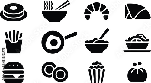 A diverse collection of black silhouette food icons representing popular meals and snacks