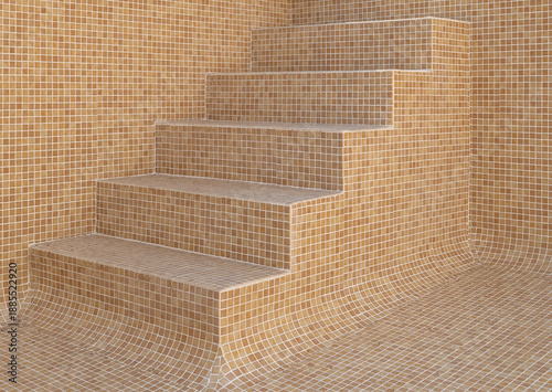 A set of tiled stairs in a warm beige color. The stairs are designed with small mosaic tiles, creating a smooth and modern appearance. The setting is clean and minimalistic.