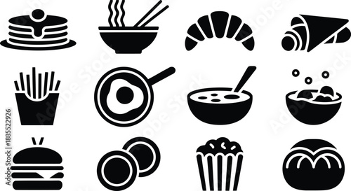A diverse group of solid black food icons representing popular dishes and snacks