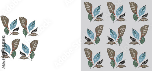 A repeating botanical pattern on a light gray background with stylized leaves in brown with white veins teal blue dark green and black. Symmetrical evenly spaced modern abstract calm with a dark blue 
