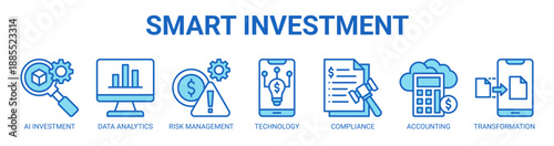 Smart Investment web banner icon vector illustration concept with icon of ai investment, data analytics, risk management, technology, compliance, cloud accounting, and digital transformation.