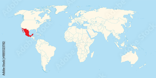 mexico territory highlighted in red on world map for school education and international travel geography visualization