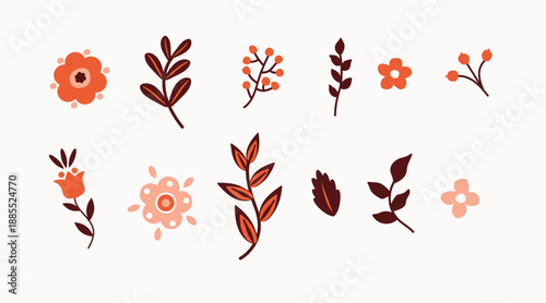 Folk Art Flowers and Leaves Collection. White background, isolate	