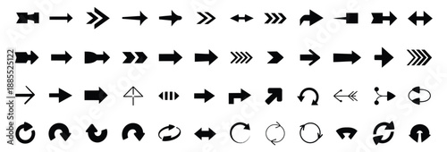 vector illustration of black arrow icons collection with modern simple arrows, cursor, direction pointer, and right pointing navigation symbols.